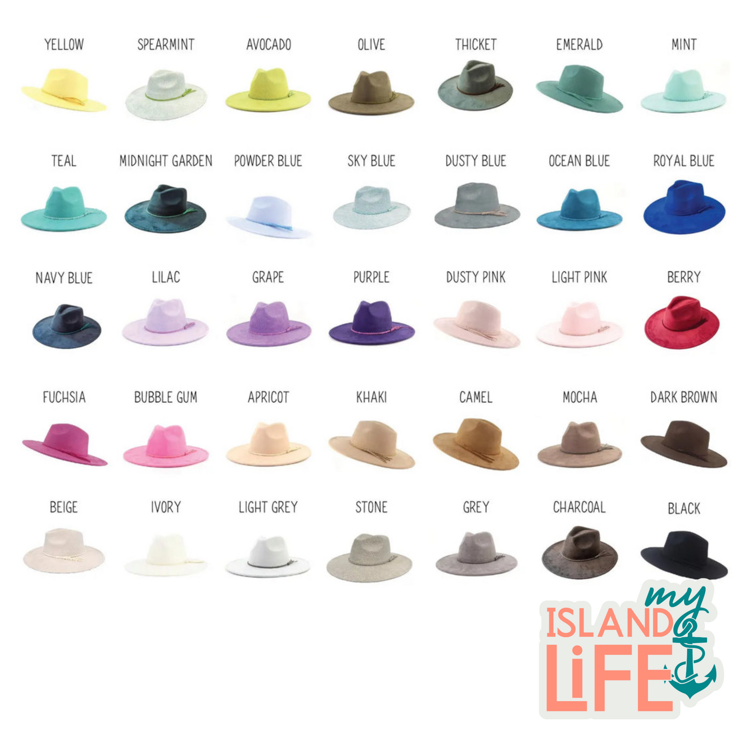 Color chart of hats with labels for various colors and 'My Island Life' branding.