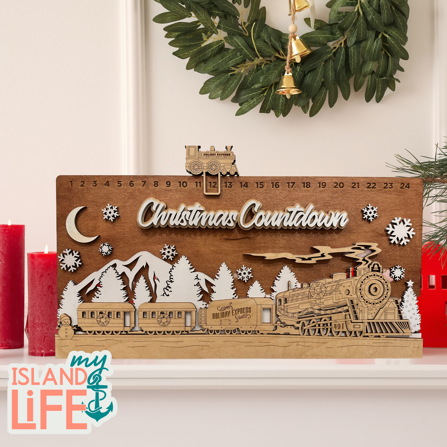 Wooden Christmas countdown calendar with train design