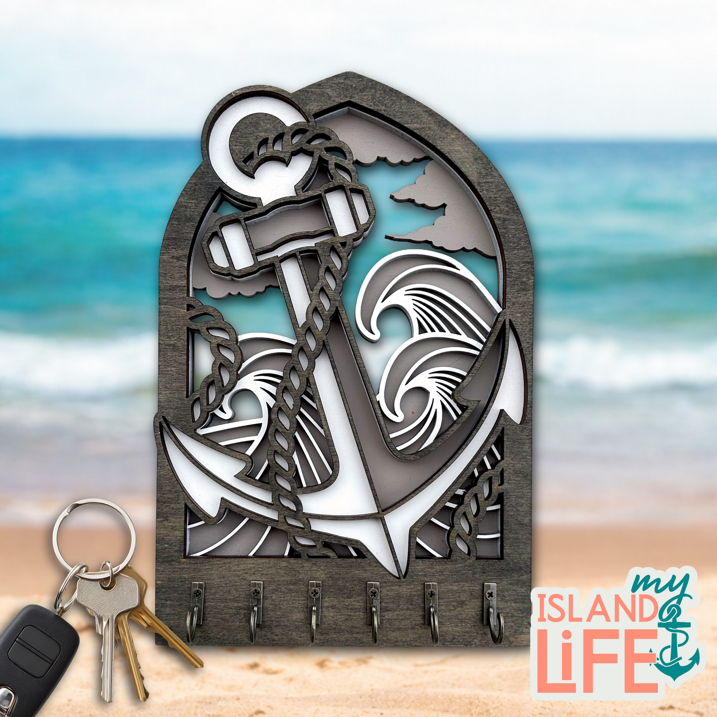 Anchor Arch Key Holder – Laser Engraved 3-Layer Nautical Design with 6 Hooks