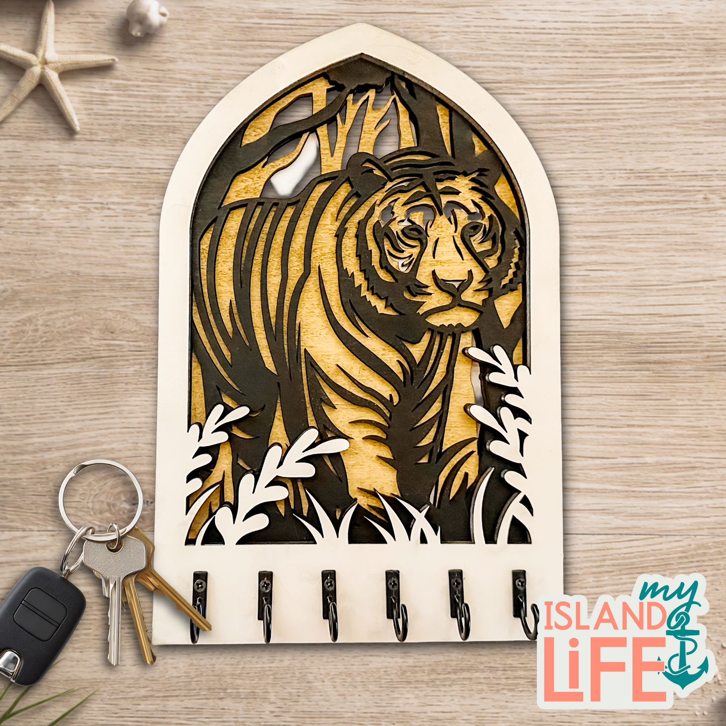 Tiger Arch Key Holder – Laser Engraved 3-Layer Wildlife Design with 6 Hooks