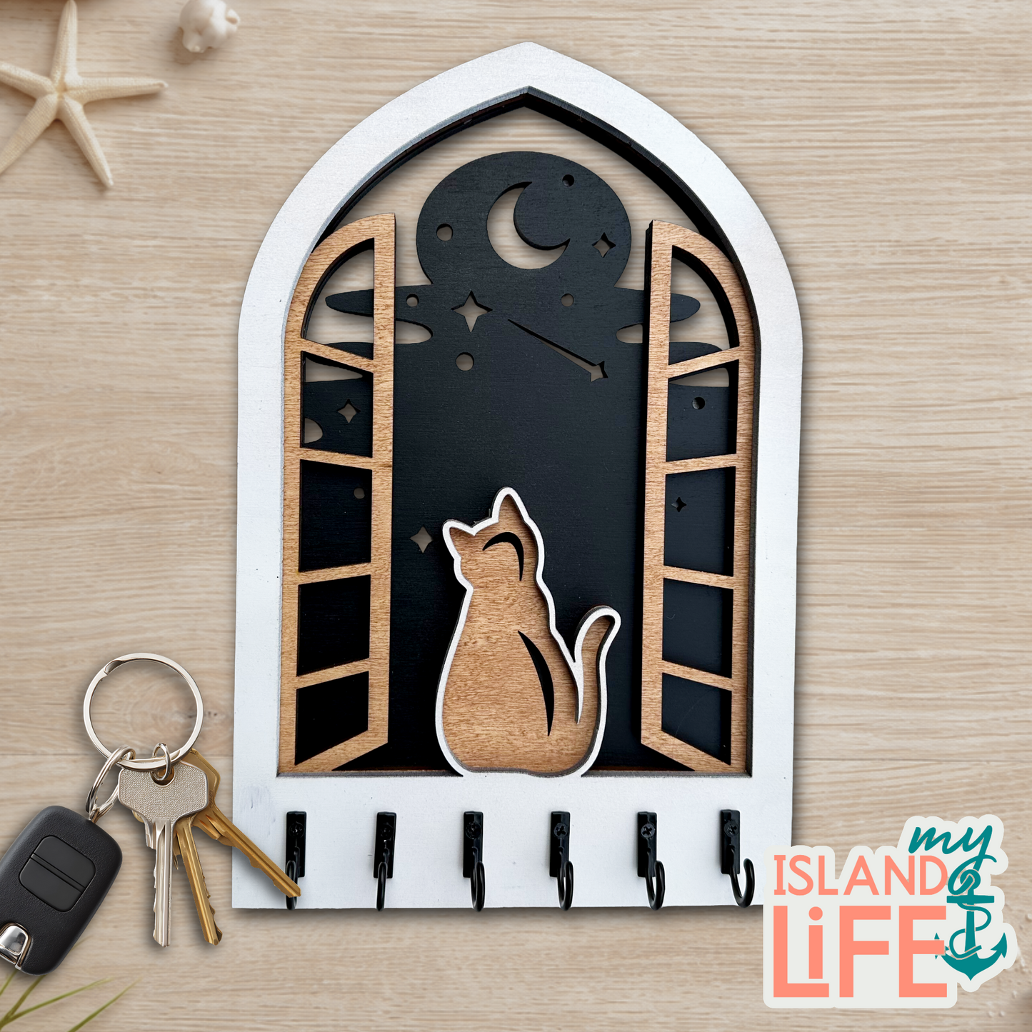 Cat in Window Arch Key Holder – Laser Engraved 3-Layer Design with 6 Hooks