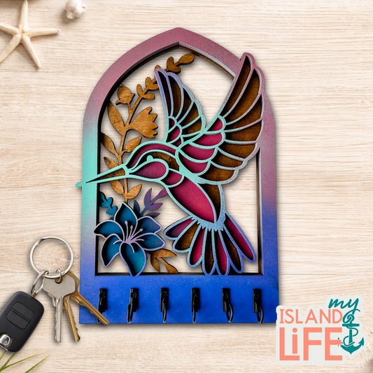 Hummingbird Arch Key Holder – Laser Engraved 3-Layer Design with 6 Hooks