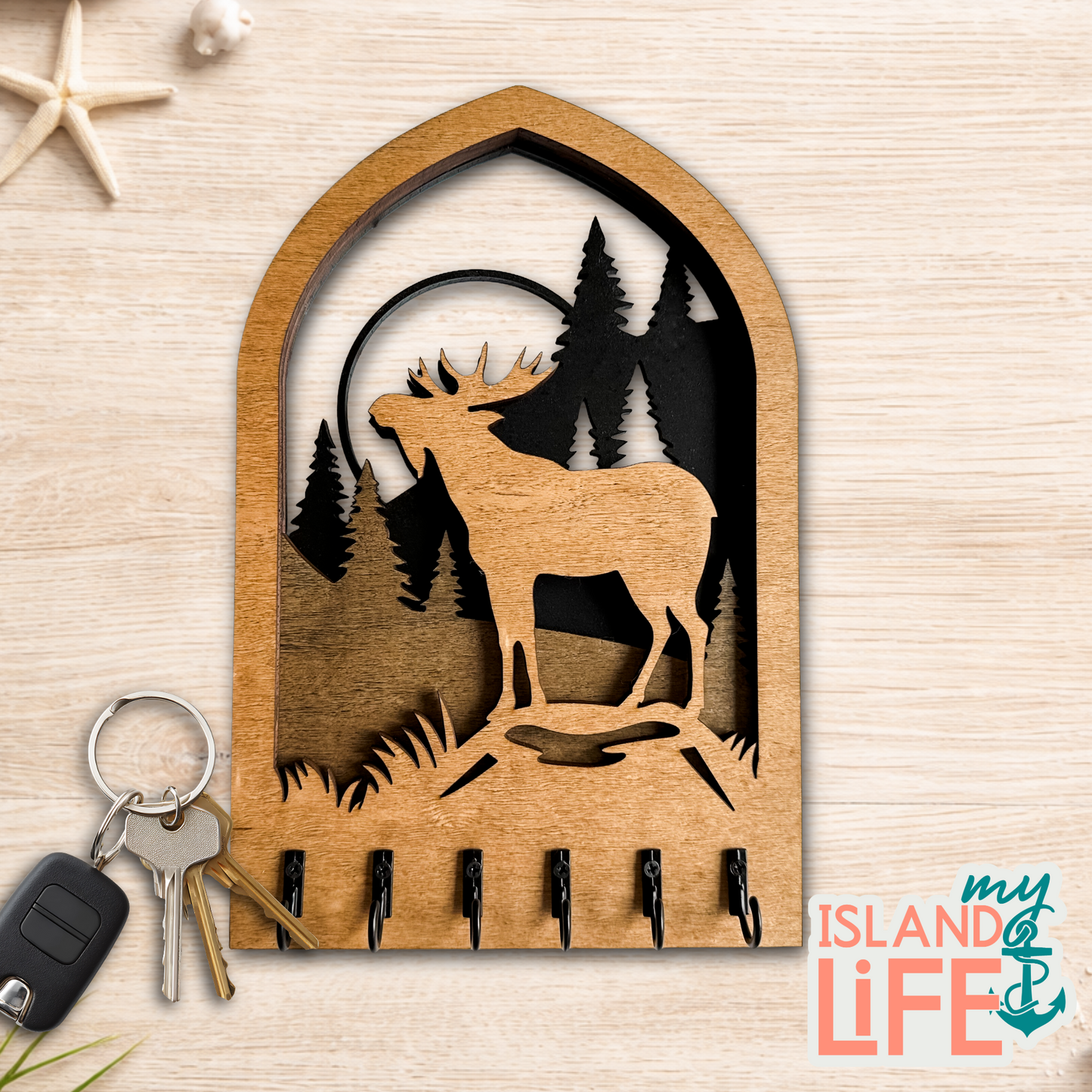 Moose Arch Key Holder – Laser Engraved 3-Layer Wildlife Design with 6 Hooks