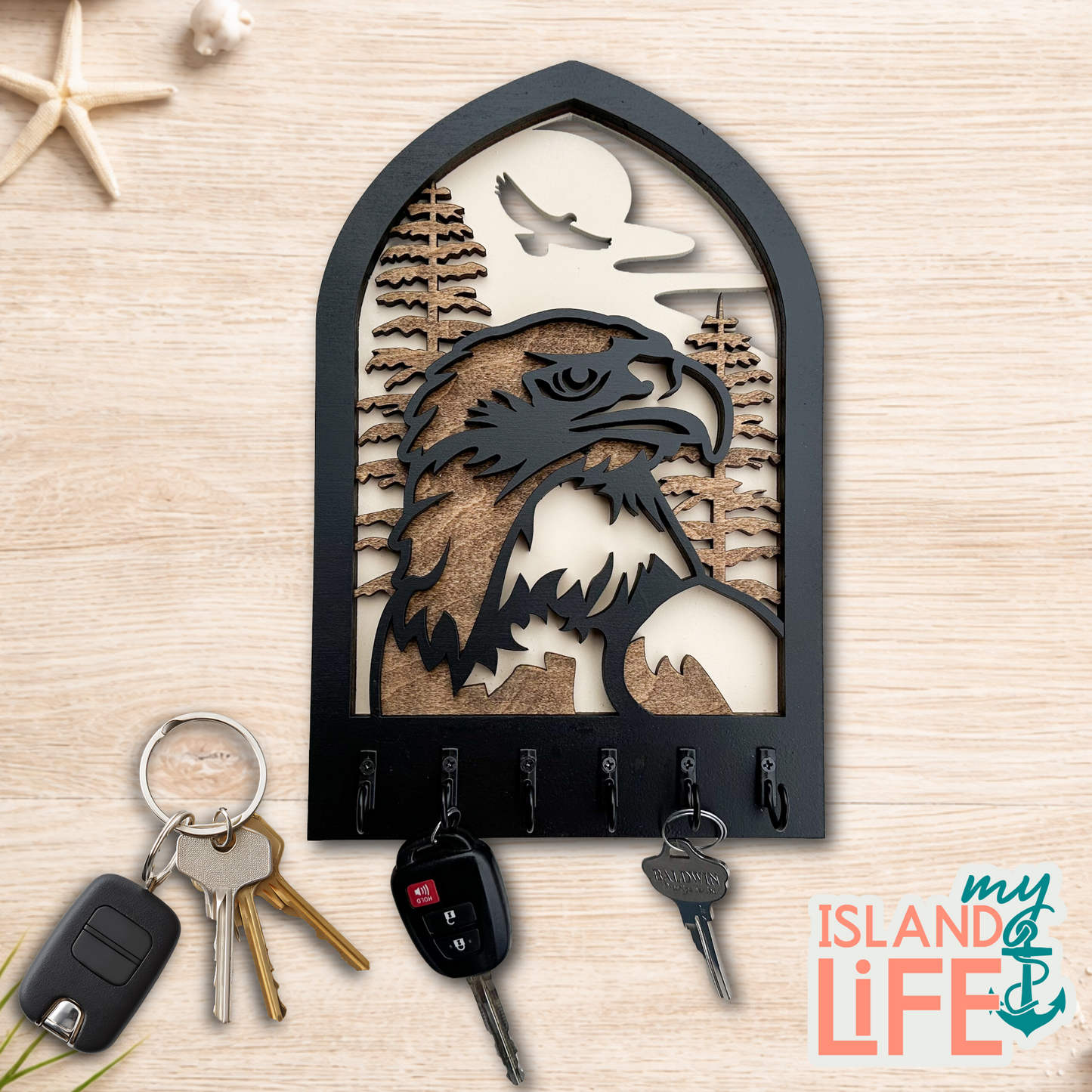 Eagle Arch Key Holder – Laser Engraved 3-Layer Wildlife Design with 6 Hooks