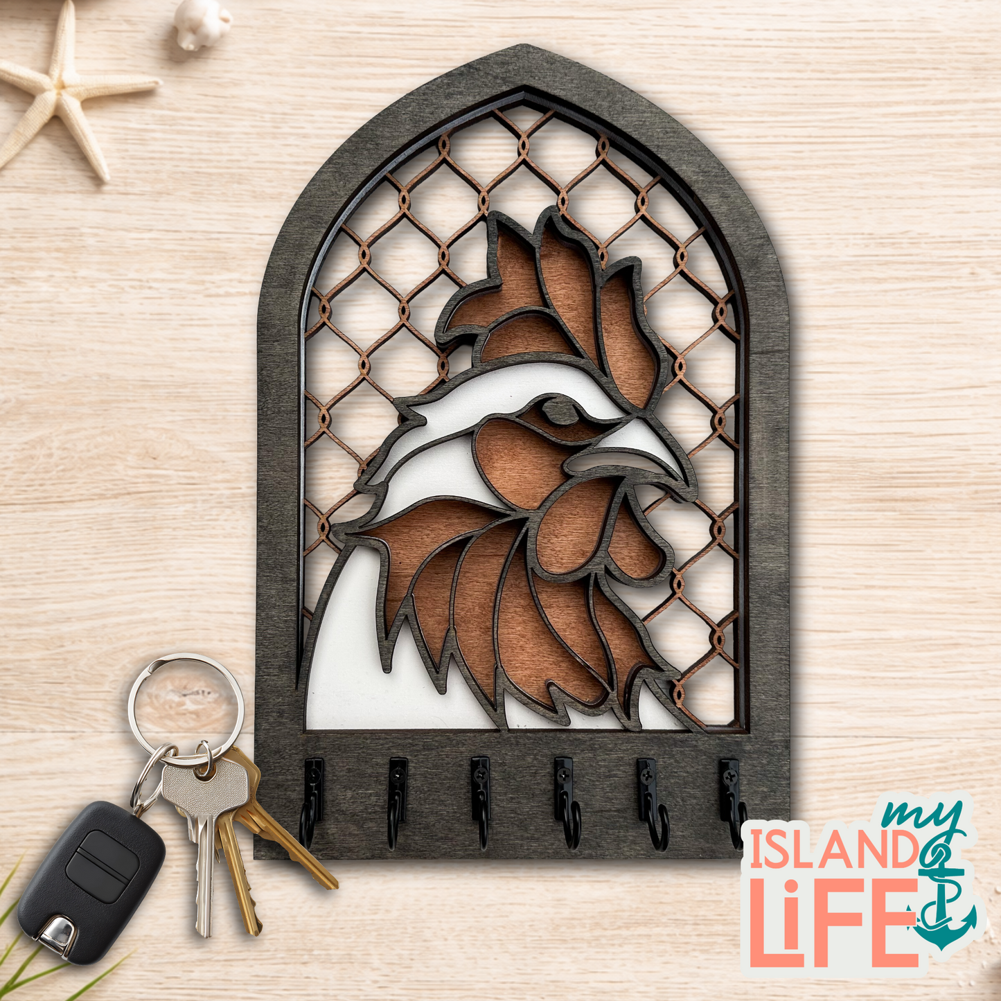 Rooster Arch Key Holder – Laser Engraved 3-Layer Farm Design with 6 Hooks