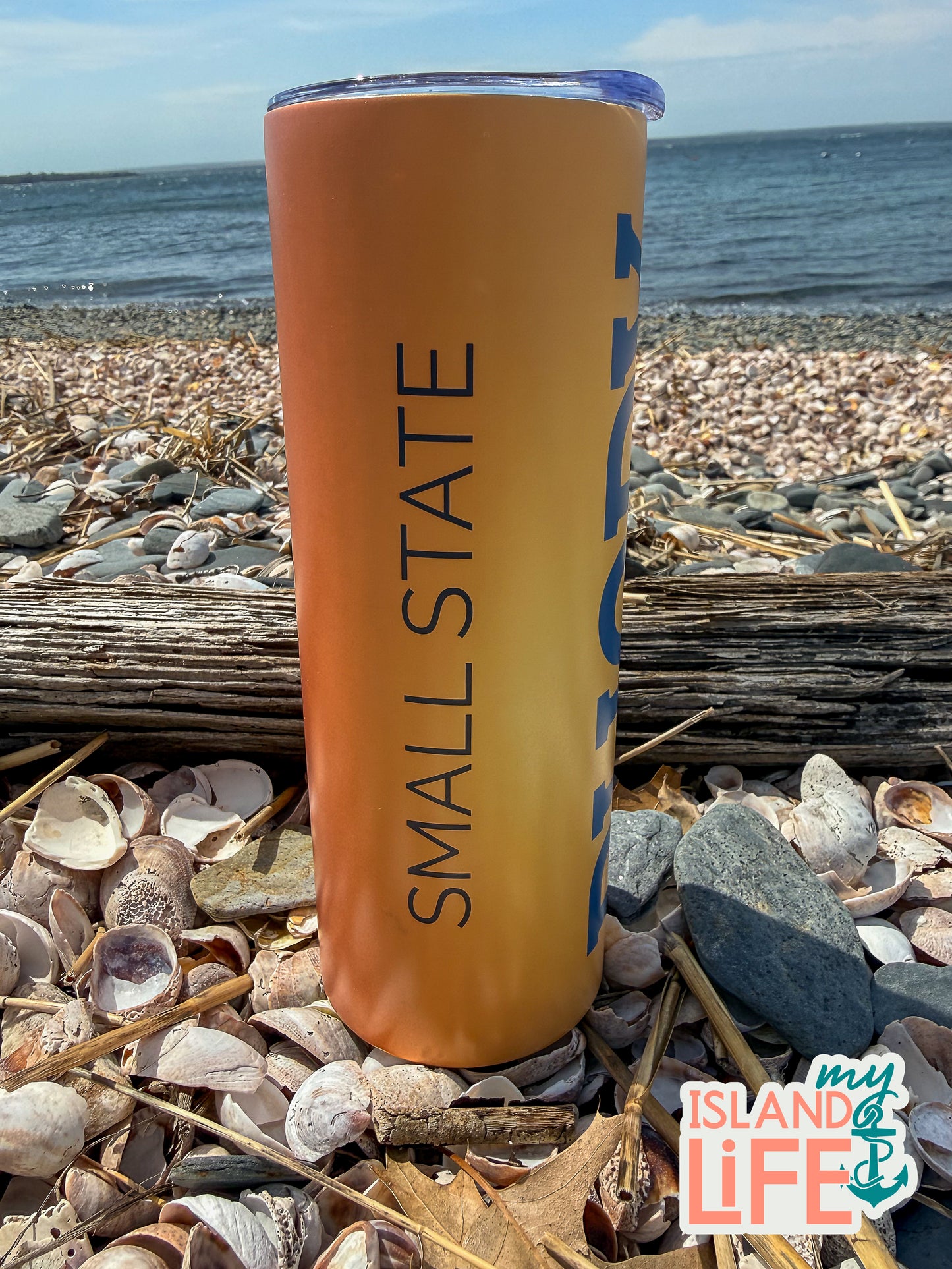 Rhody 20oz tumbler with lid and straw — Ocean State gift, designed on Prudence Island