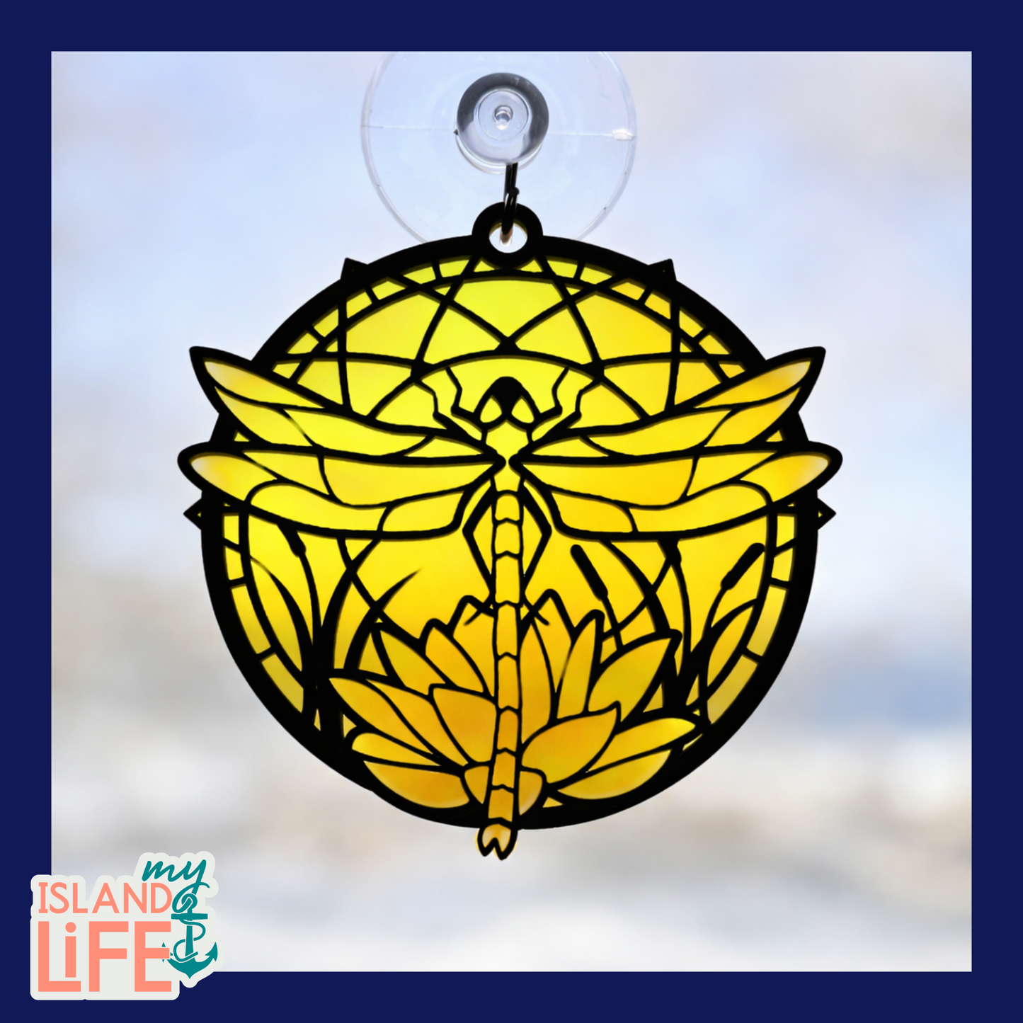 Yellow stained glass dragonfly design on a clear background with 'my ISLAND life' branding.
