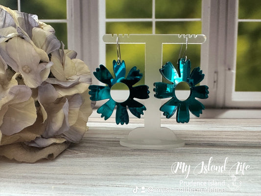 Mirror Teal Flower Earrings