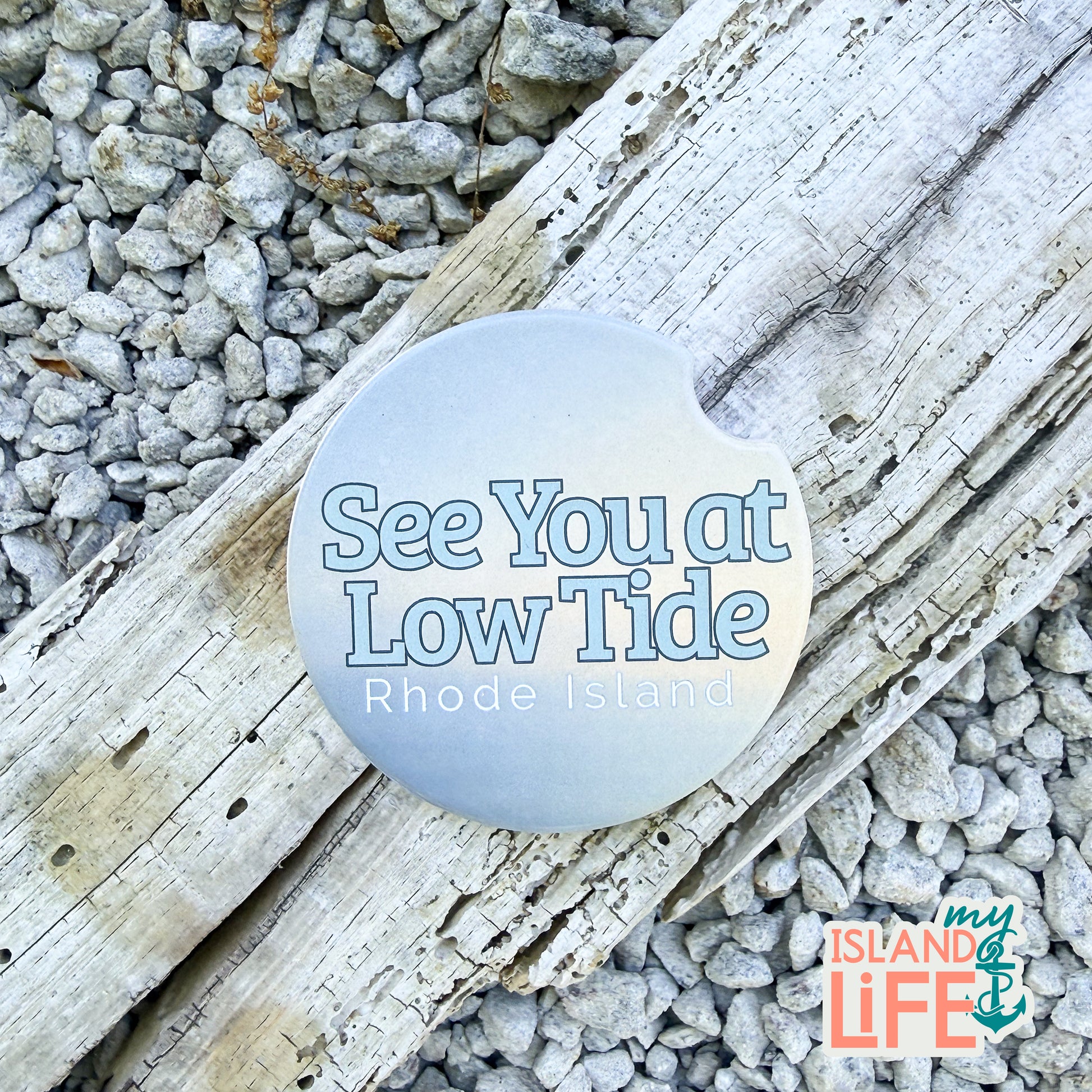 Car coaster with See You at Low Tide Rhode Island Rhody