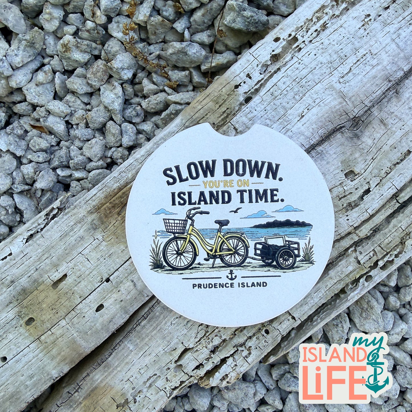 Car coaster with bicycle and car graphic Slow down you’re on island time, Prudence Island, Rhode Island