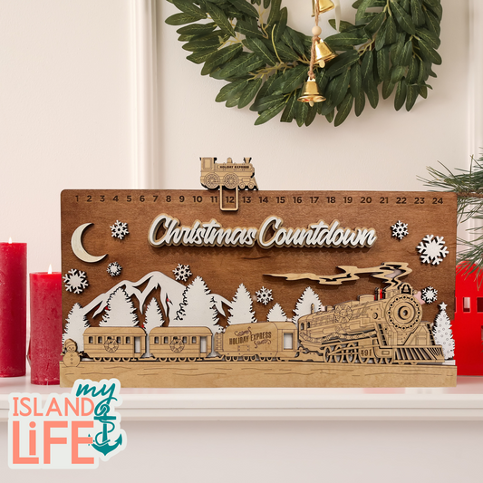 Wooden Christmas countdown calendar with train design
