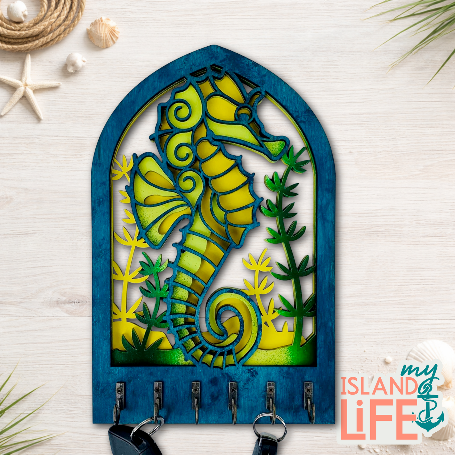 Seahorse Arch Key Holder – Laser Engraved 3-Layer Nautical Design with 6 Hooks
