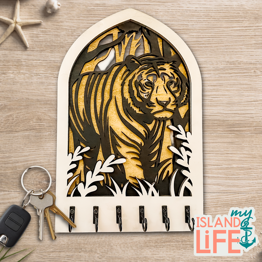 Tiger Arch Key Holder – Laser Engraved 3-Layer Wildlife Design with 6 Hooks