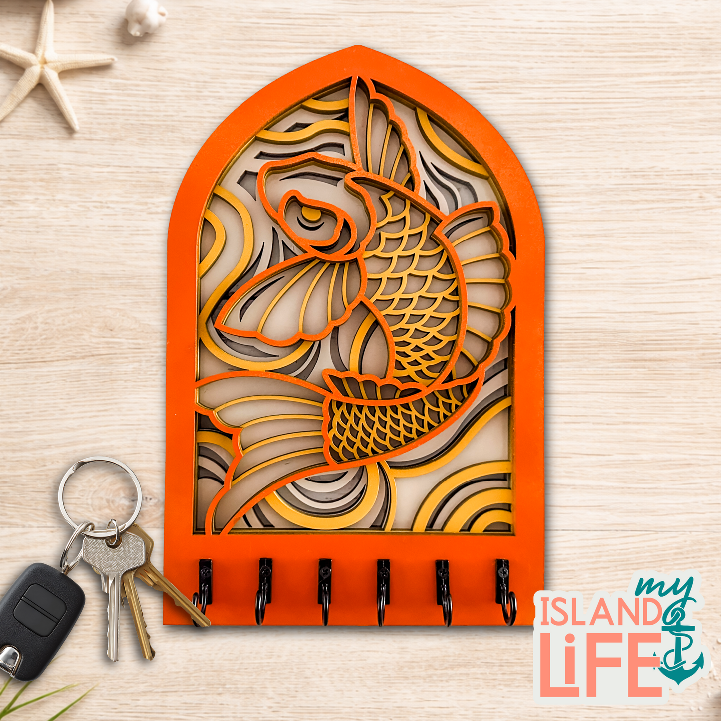 Koi Fish Arch Key Holder – Laser Engraved 3-Layer Design with 6 Hooks