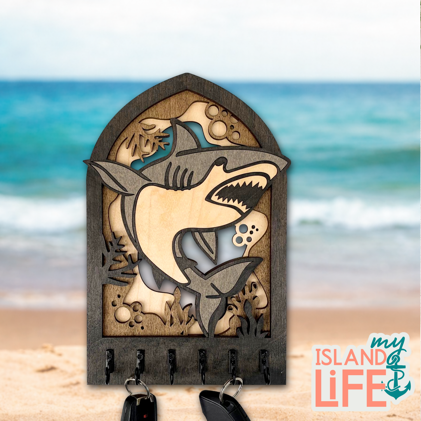 Shark Arch Key Holder – Laser Engraved 3-Layer Nautical Design with 6 Hooks
