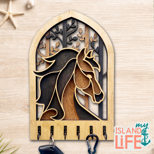 Horse Arch Key Holder – Laser Engraved 3-Layer Equestrian Design with 6 Hooks