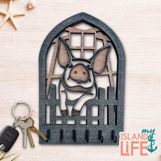 Pig Arch Key Holder – Laser Engraved 3-Layer Farm Design with 6 Hooks