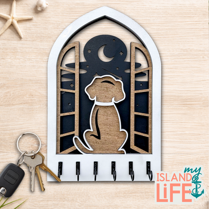 Dog in Window Arch Key Holder – Laser Engraved 3-Layer Design with 6 Hooks