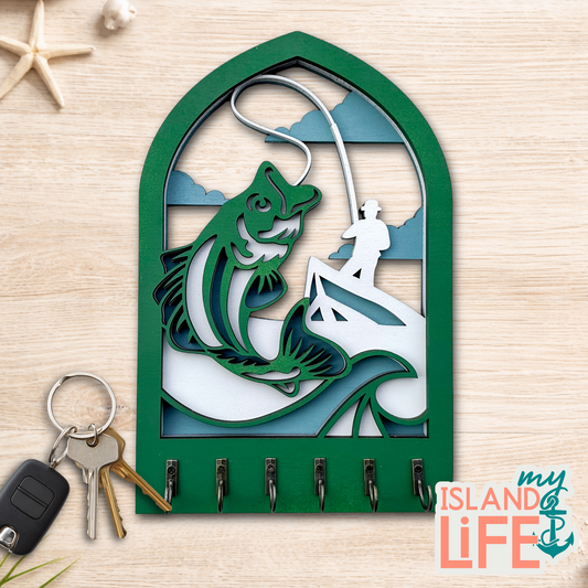 Fishing Arch Key Holder – Laser Engraved 3-Layer Design with 6 Hooks
