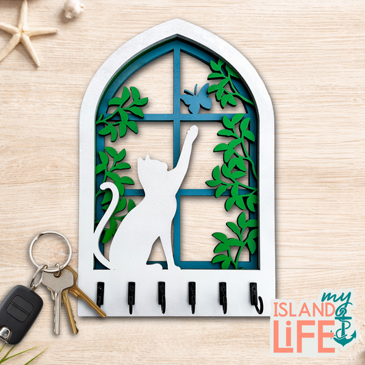 Cat & Butterfly Arch Key Holder – Laser Engraved 3-Layer Design with 6 Hooks