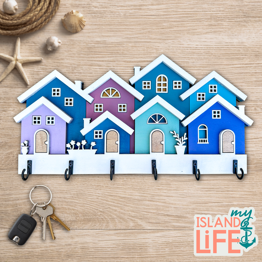 Row Houses Key Hanger – Hand-Painted 8-House Design | Colorful Entryway Organizer