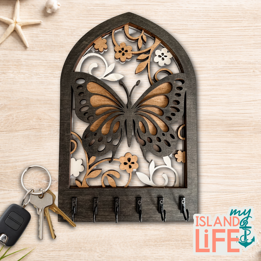 Butterfly Arch Key Holder – Laser Engraved 3-Layer Design with 6 Hooks