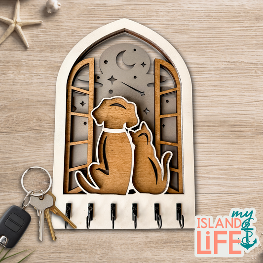 Cat & Dog in Window Arch Key Holder – Laser Engraved 3-Layer Design with 6 Hooks