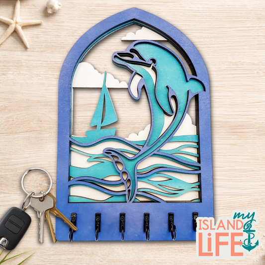 Dolphin Arch Key Holder – Laser Engraved 3-Layer Nautical Design with 6 Hooks