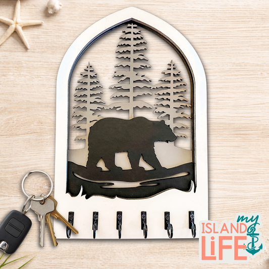 Bear Arch Key Holder – Laser Engraved 3-Layer Wildlife Design with 6 Hooks