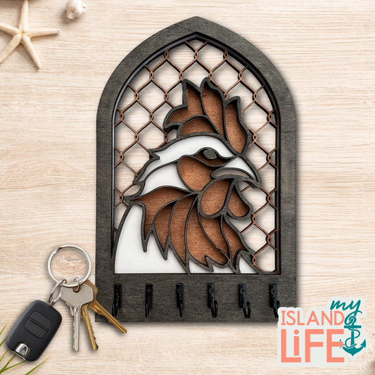 Rooster Arch Key Holder – Laser Engraved 3-Layer Farm Design with 6 Hooks