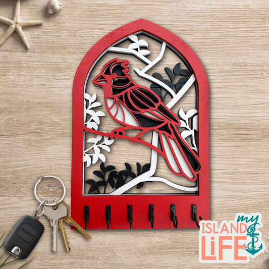 Cardinal Arch Key Holder – Laser Engraved 3-Layer Wildlife Design with 6 Hooks