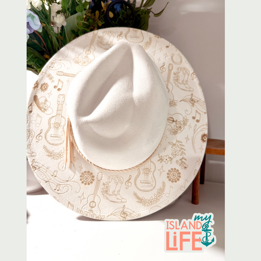 White cowboy hat with decorative patterns on a white background, featuring 'my Island Life' branding.