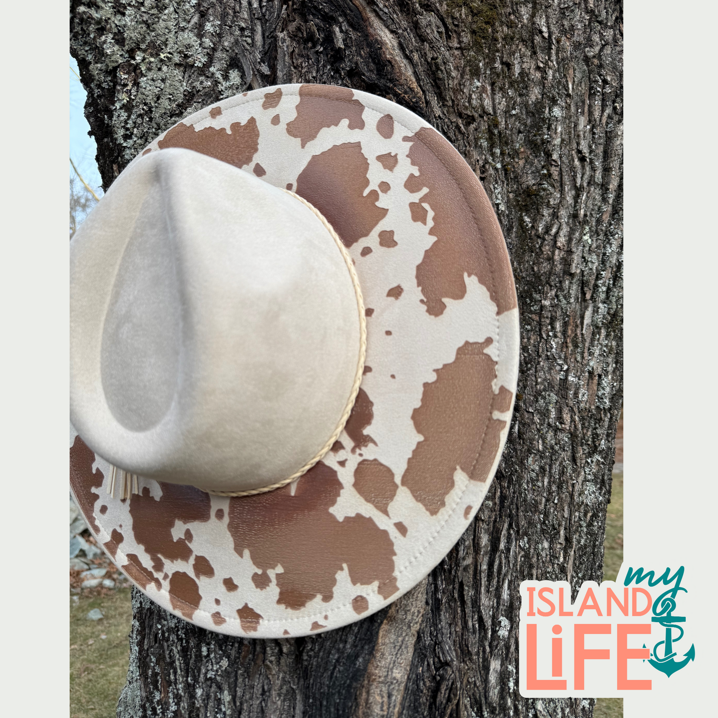 Brown and white spotted hat on a tree branch with 'my ISLAND LIFE' logo.
