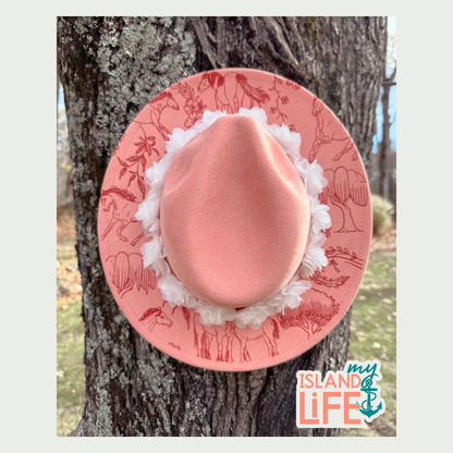 Pink decorative horse design with white lace hat on a tree trunk, featuring 'my Island Life' logo.