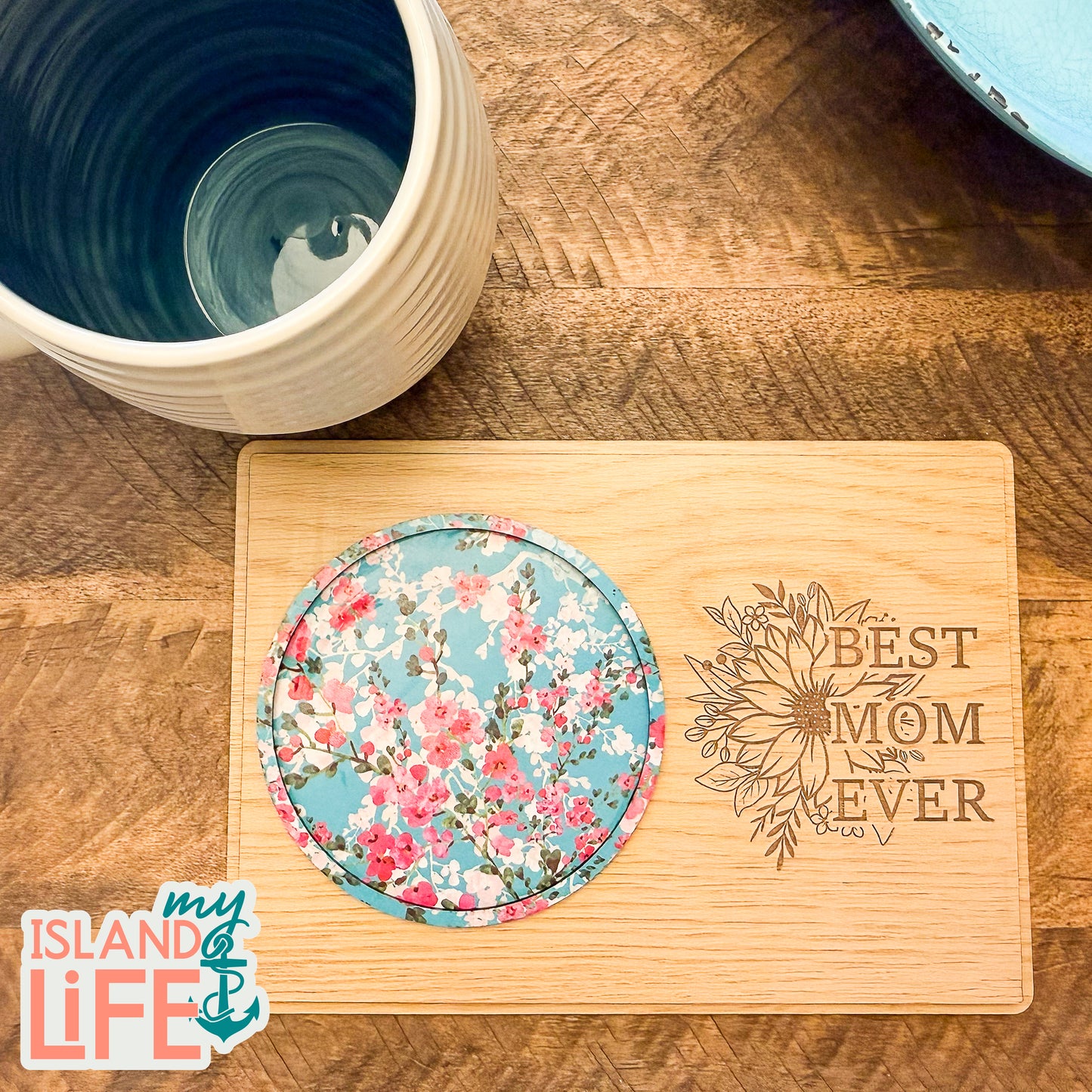 Oversized Mug Coaster | Wood & Acrylic Inlay | Laser Engraved Gift