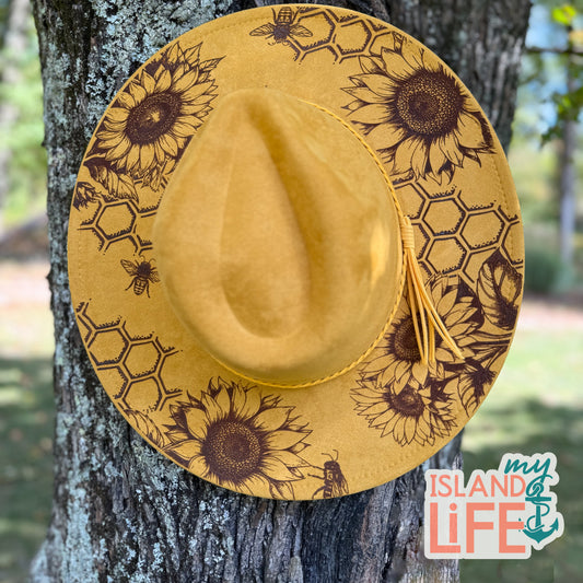 Bee Wild  Engraved Vegan Suede Hat – Wide Brim