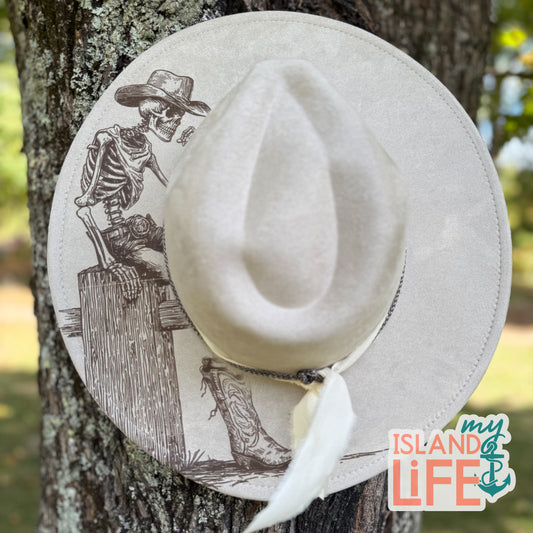 Dusty Bone (Skeleton Cowboy) Engraved Vegan Suede Hat – Wide Brim