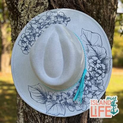 Hydrangea Hill Engraved Vegan Suede Hat – Wide Brim