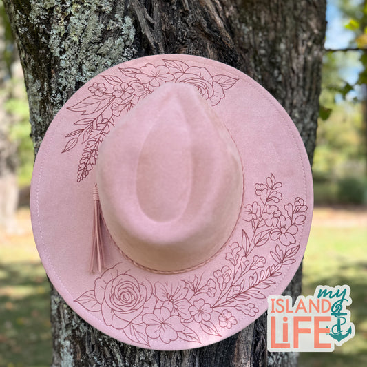 Garden Whisper Engraved Vegan Suede Hat – Wide Brim