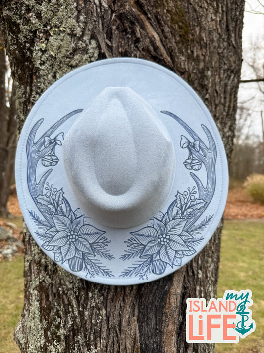 Winter Antler Bloom Engraved Vegan Suede Hat – Wide Brim