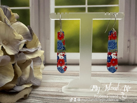 Elongated Red & Blue Floral Earrings