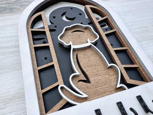 Dog in Window Arch Key Holder – Laser Engraved 3-Layer Design with 6 Hooks