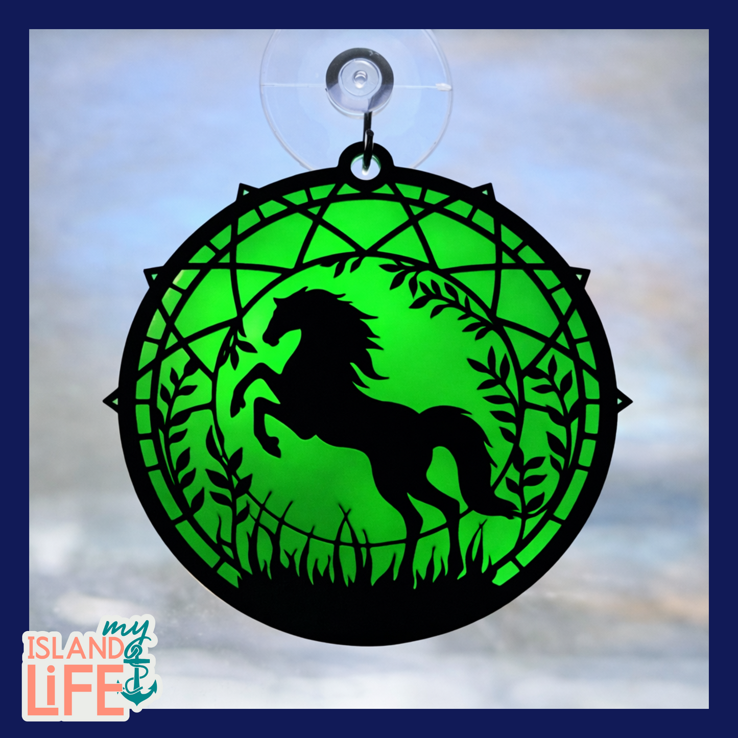 Decorative circular design with a horse silhouette on a green background, featuring 'My Island Life' logo.