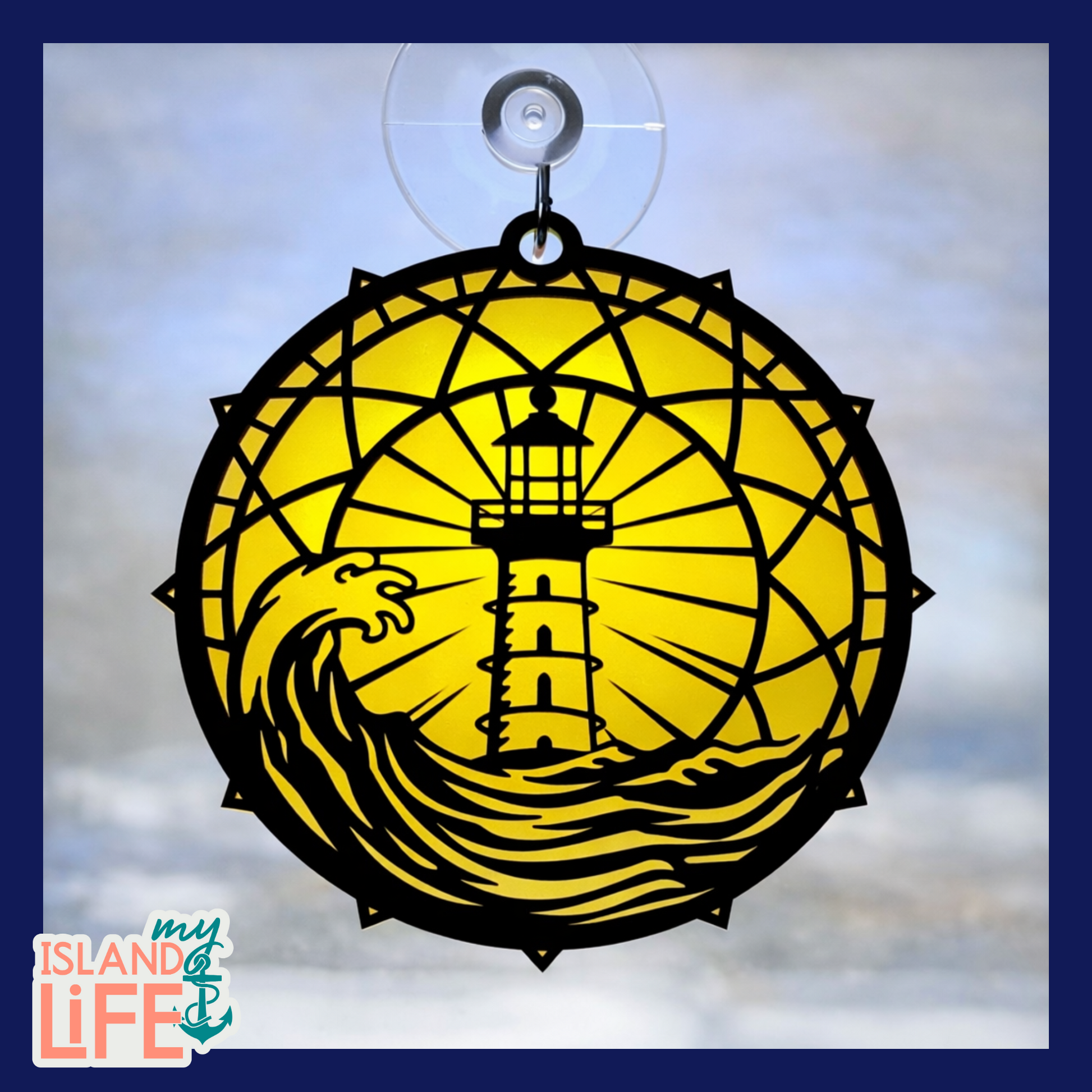 Decorative yellow and black circular design with a lighthouse and waves on a cloudy sky background.