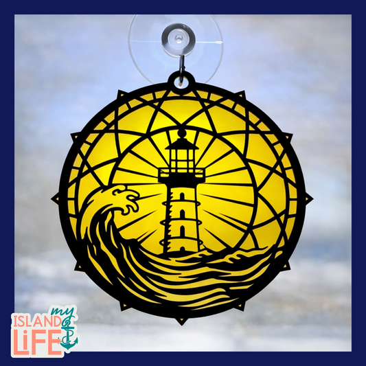 Decorative yellow and black circular design with a lighthouse and waves on a cloudy sky background.