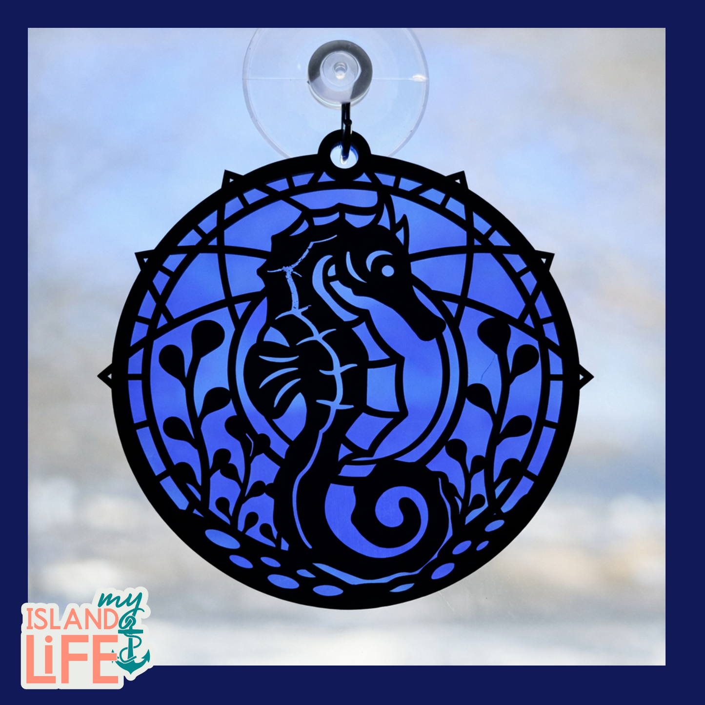 Decorative blue and black seahorse design on a clear background with 'My Island Life' branding.