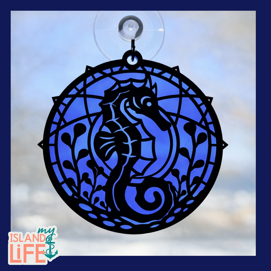 Decorative blue and black seahorse design on a clear background with 'My Island Life' branding.