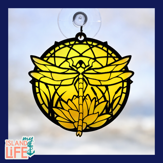 Yellow stained glass dragonfly design on a clear background with 'my ISLAND life' branding.